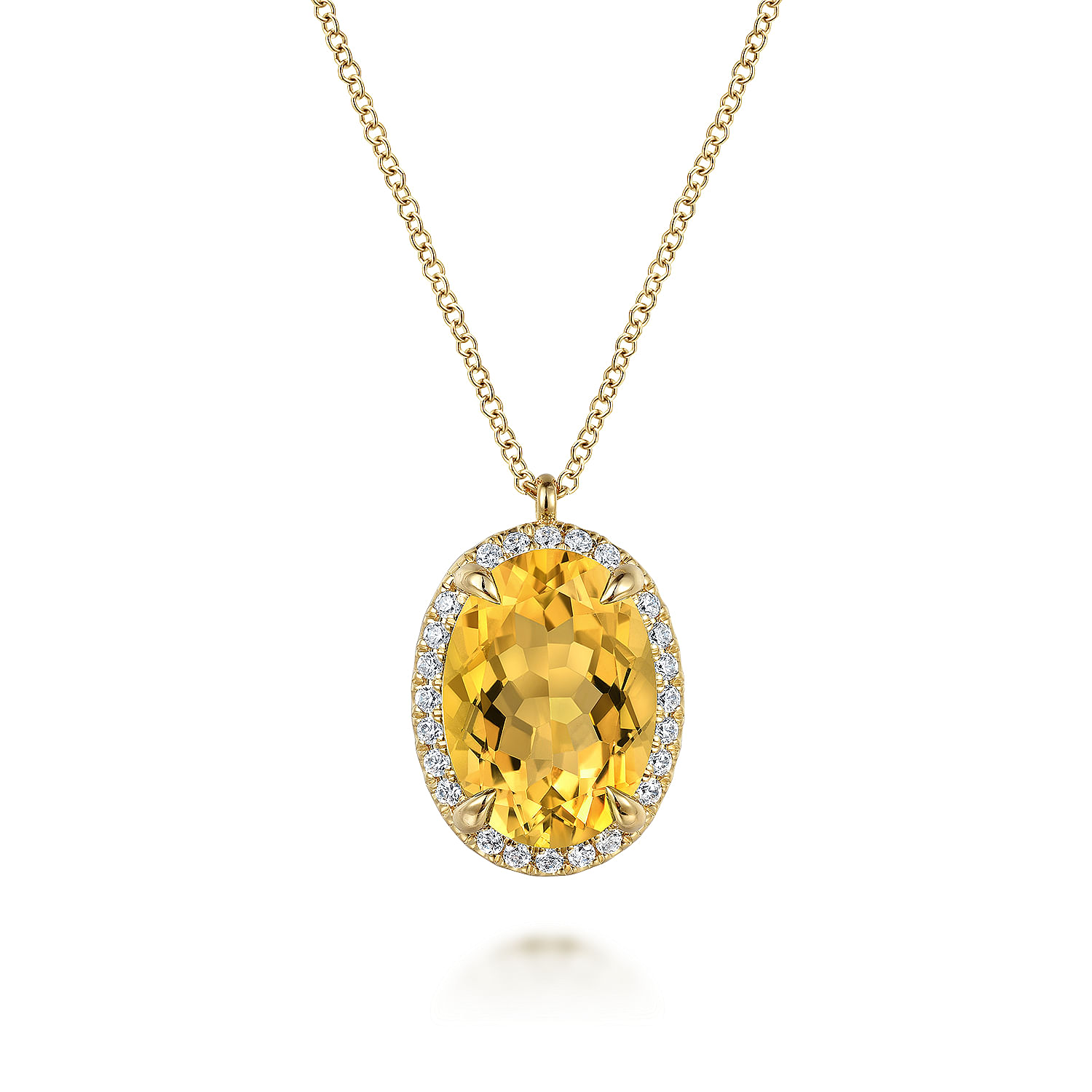14K Yellow Gold Diamond and Oval Shape Citrine Necklace With Flower Pattern J-Back