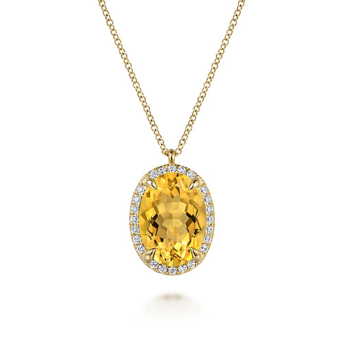 14K Yellow Gold Diamond and Oval Shape Citrine Necklace With Flower Pattern J-Back