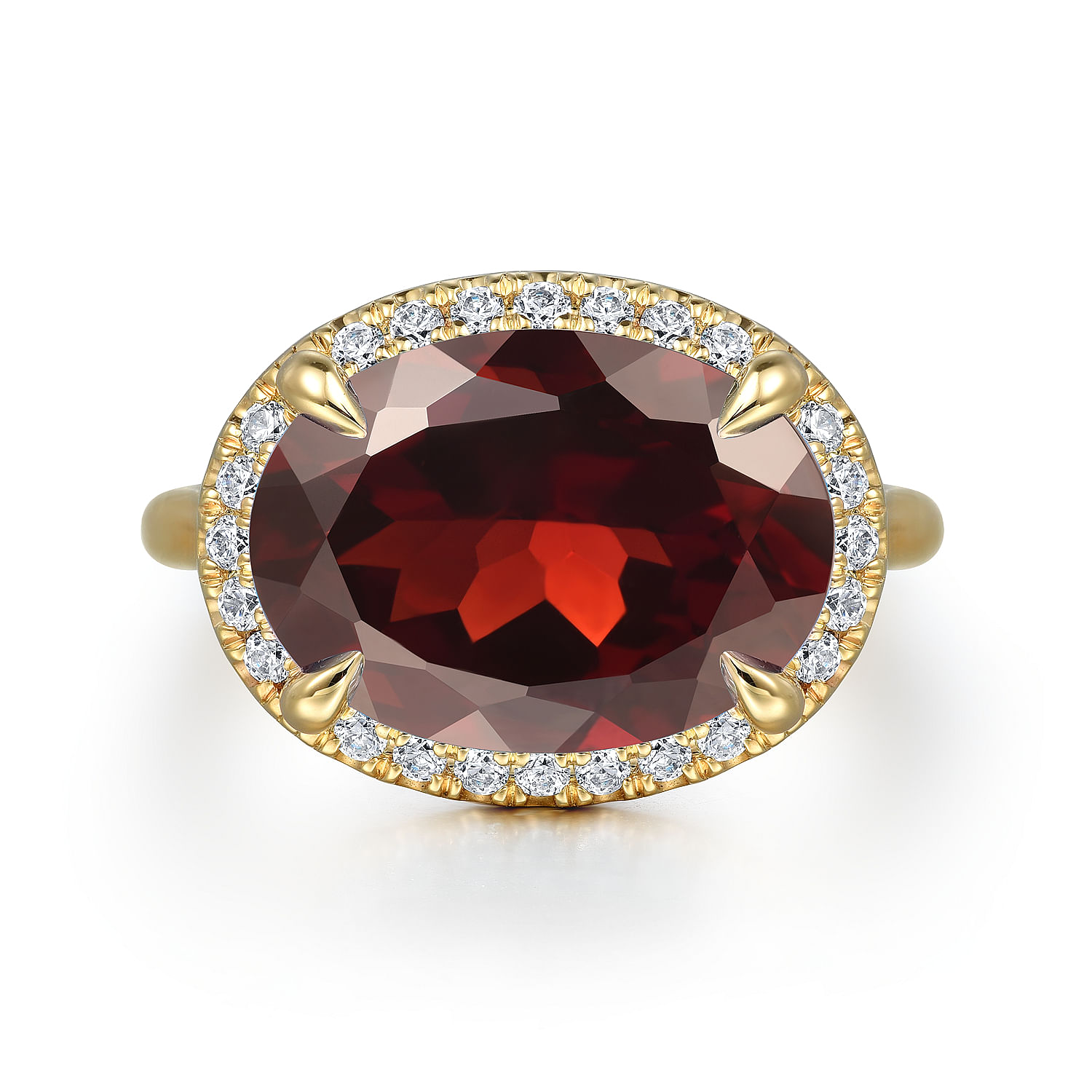 Gabriel - 14K Yellow Gold Diamond and Oval Shape Garnet Ladies Ring With Flower Pattern Gallery