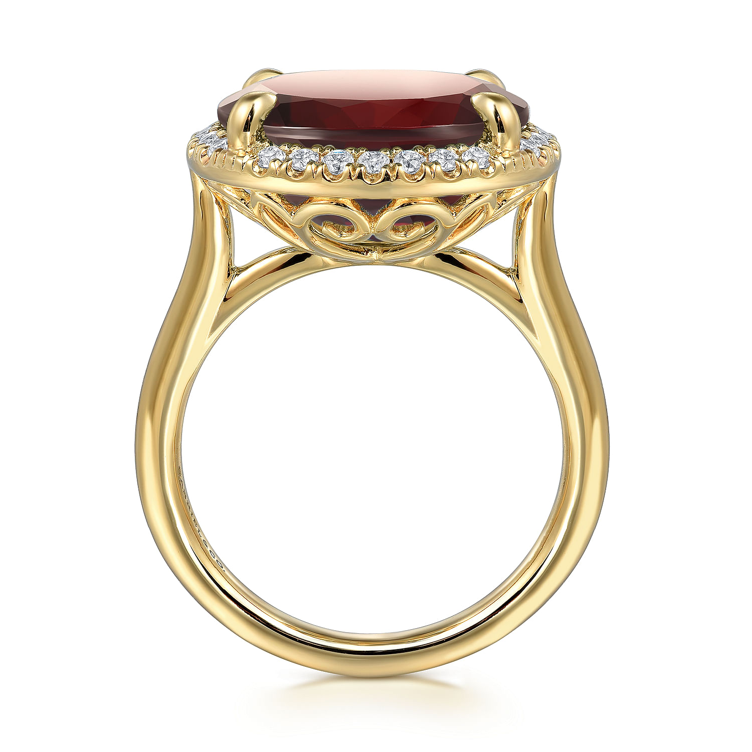 14K Yellow Gold Diamond and Oval Shape Garnet Ladies Ring With Flower Pattern Gallery