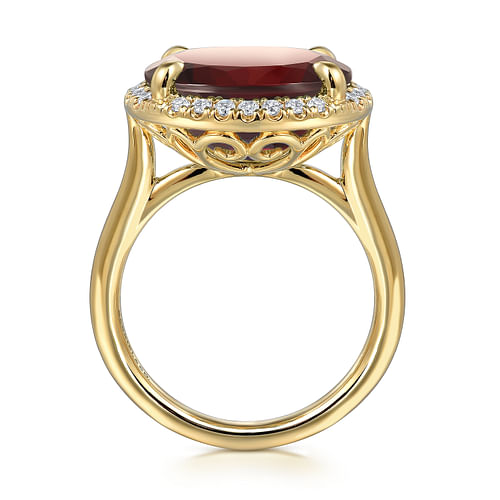 14K Yellow Gold Diamond and Oval Shape Garnet Ladies Ring With Flower Pattern Gallery