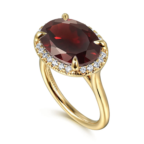 14K Yellow Gold Diamond and Oval Shape Garnet Ladies Ring With Flower Pattern Gallery