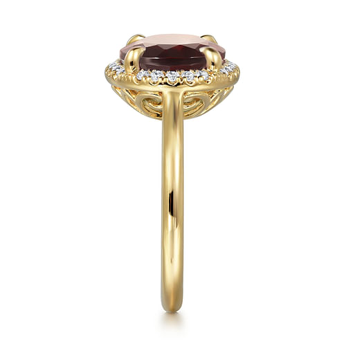 14K Yellow Gold Diamond and Oval Shape Garnet Ladies Ring With Flower Pattern Gallery