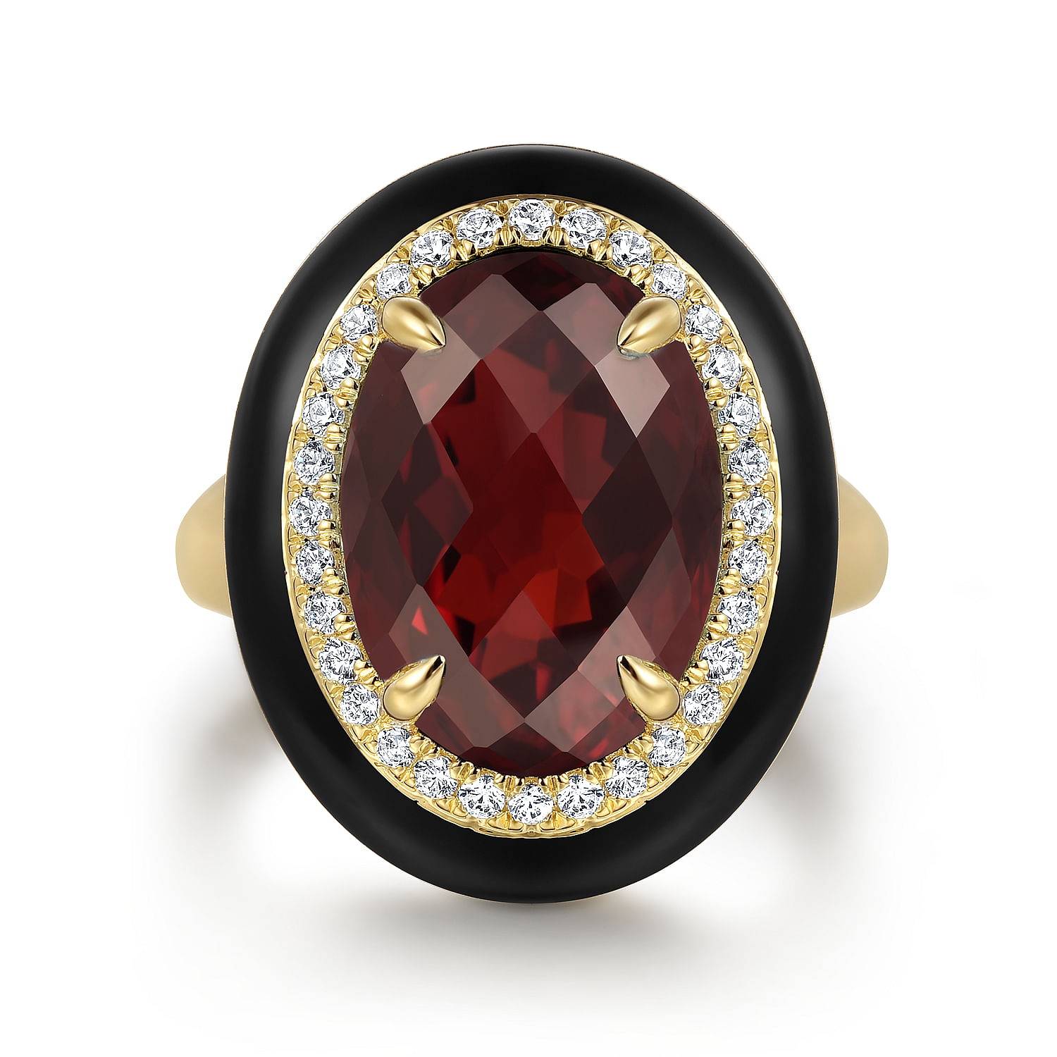 14K Yellow Gold Diamond and Oval Shape Garnet Ladies Ring With Flower Pattern J-Back and Black Enamel