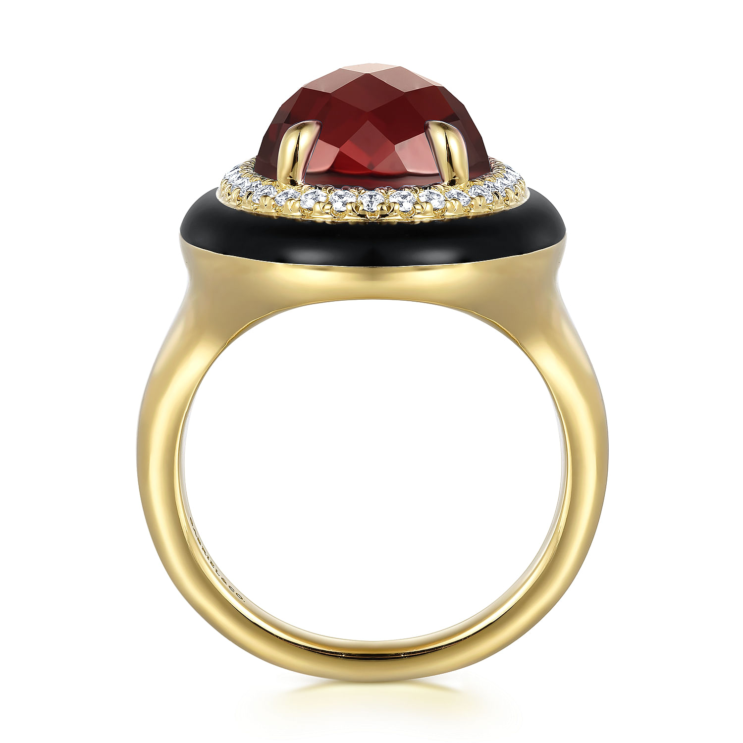 14K Yellow Gold Diamond and Oval Shape Garnet Ladies Ring With Flower Pattern J-Back and Black Enamel