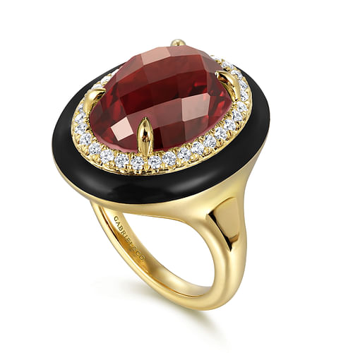 14K Yellow Gold Diamond and Oval Shape Garnet Ladies Ring With Flower Pattern J-Back and Black Enamel