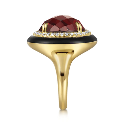 14K Yellow Gold Diamond and Oval Shape Garnet Ladies Ring With Flower Pattern J-Back and Black Enamel