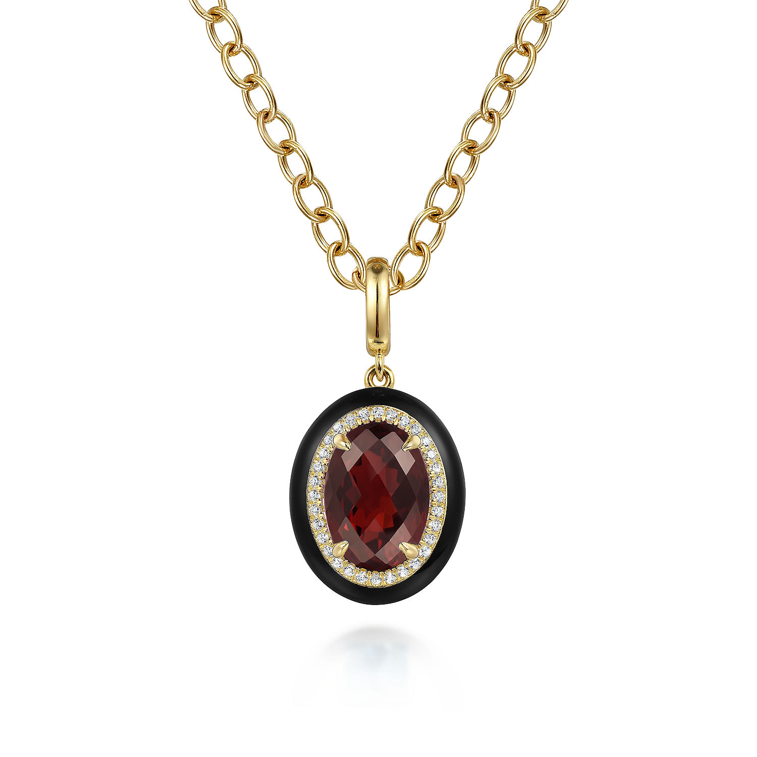 Gabriel - 14K Yellow Gold Diamond and Oval Shape Garnet Necklace With Flower Pattern J-Back and Black Enamel