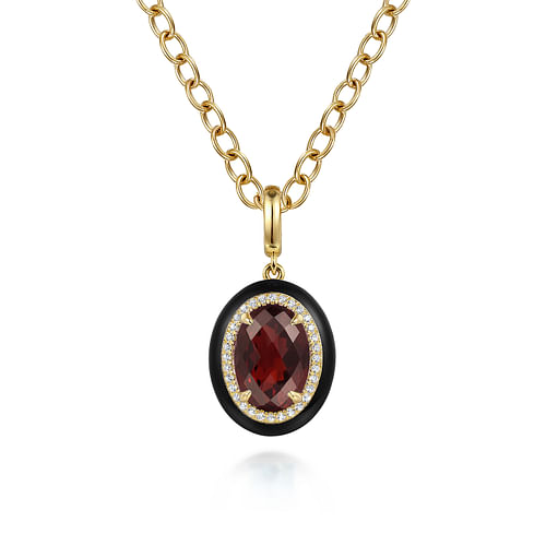 14K Yellow Gold Diamond and Oval Shape Garnet Necklace With Flower Pattern J-Back and Black Enamel