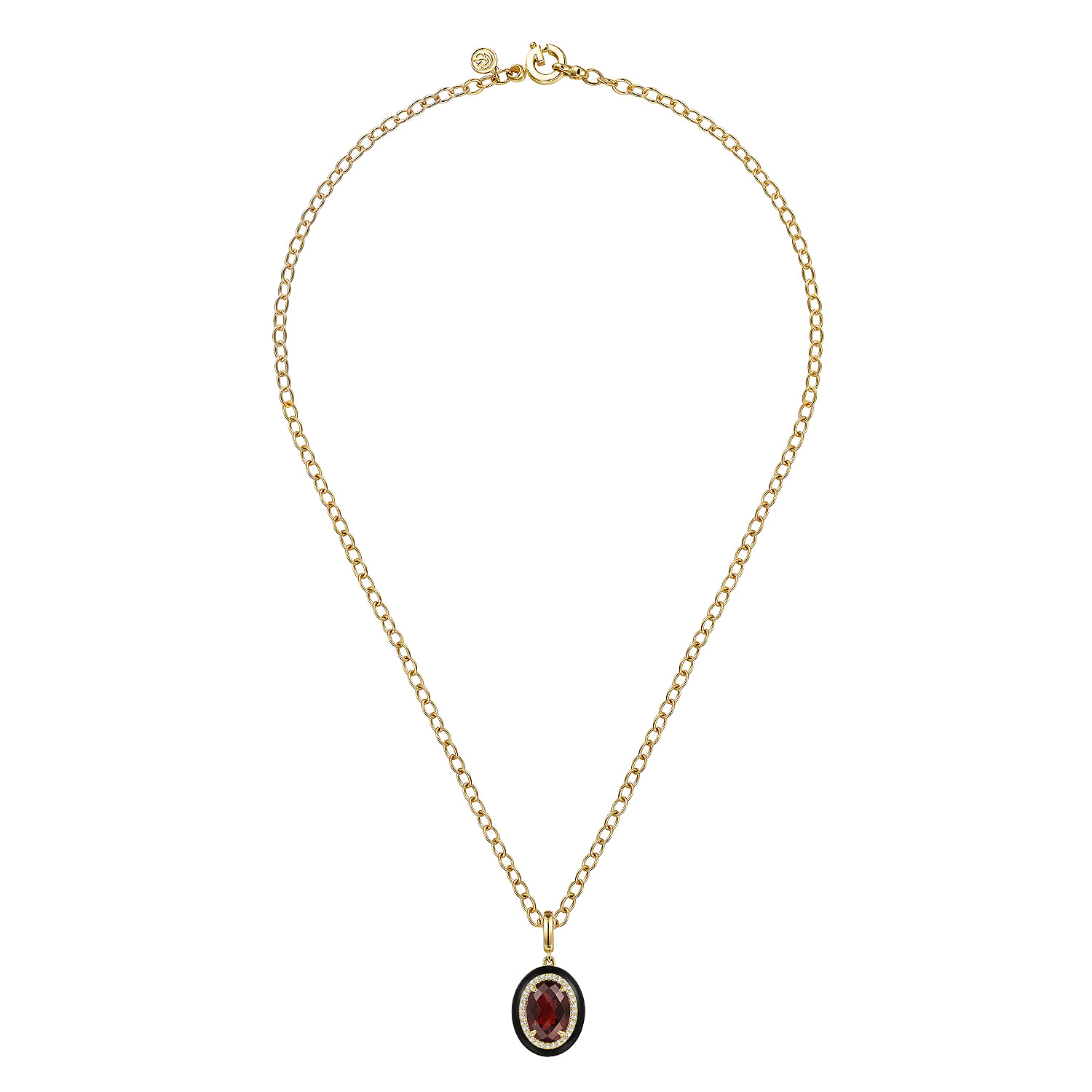 14K Yellow Gold Diamond and Oval Shape Garnet Necklace With Flower Pattern J-Back and Black Enamel