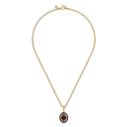 14K Yellow Gold Diamond and Oval Shape Garnet Necklace With Flower Pattern J-Back and Black Enamel