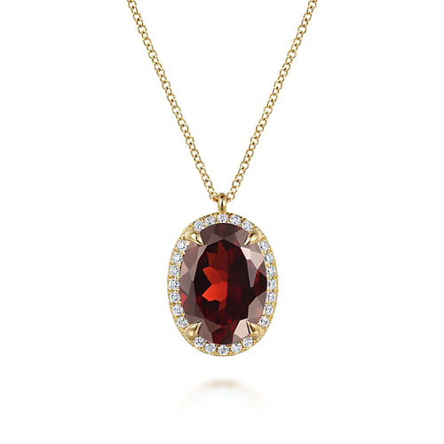 14K Yellow Gold Diamond and Oval Shape Garnet Necklace With Flower Pattern J-Back