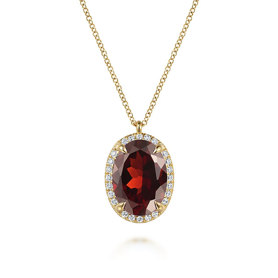 Gabriel - 14K Yellow Gold Diamond and Oval Shape Garnet Necklace With Flower Pattern J-Back