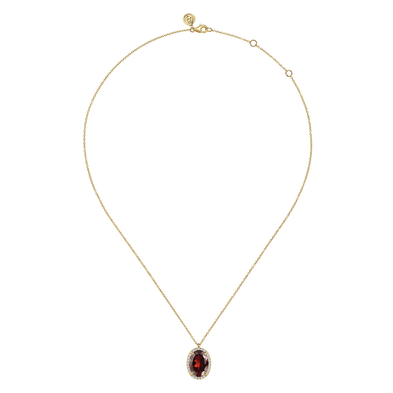 14K Yellow Gold Diamond and Oval Shape Garnet Necklace With Flower Pattern J-Back