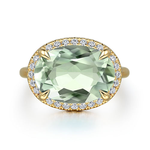 14K Yellow Gold Diamond and Oval Shape Green Amethyst Ladies Ring With Flower Pattern Gallery