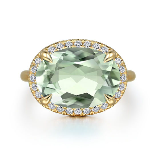 Gabriel - 14K Yellow Gold Diamond and Oval Shape Green Amethyst Ladies Ring With Flower Pattern Gallery