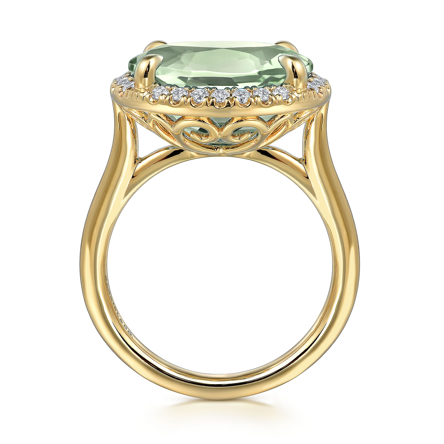 14K Yellow Gold Diamond and Oval Shape Green Amethyst Ladies Ring With Flower Pattern Gallery