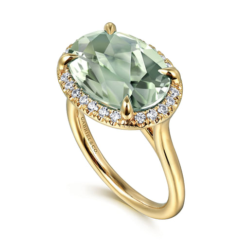 14K Yellow Gold Diamond and Oval Shape Green Amethyst Ladies Ring With Flower Pattern Gallery