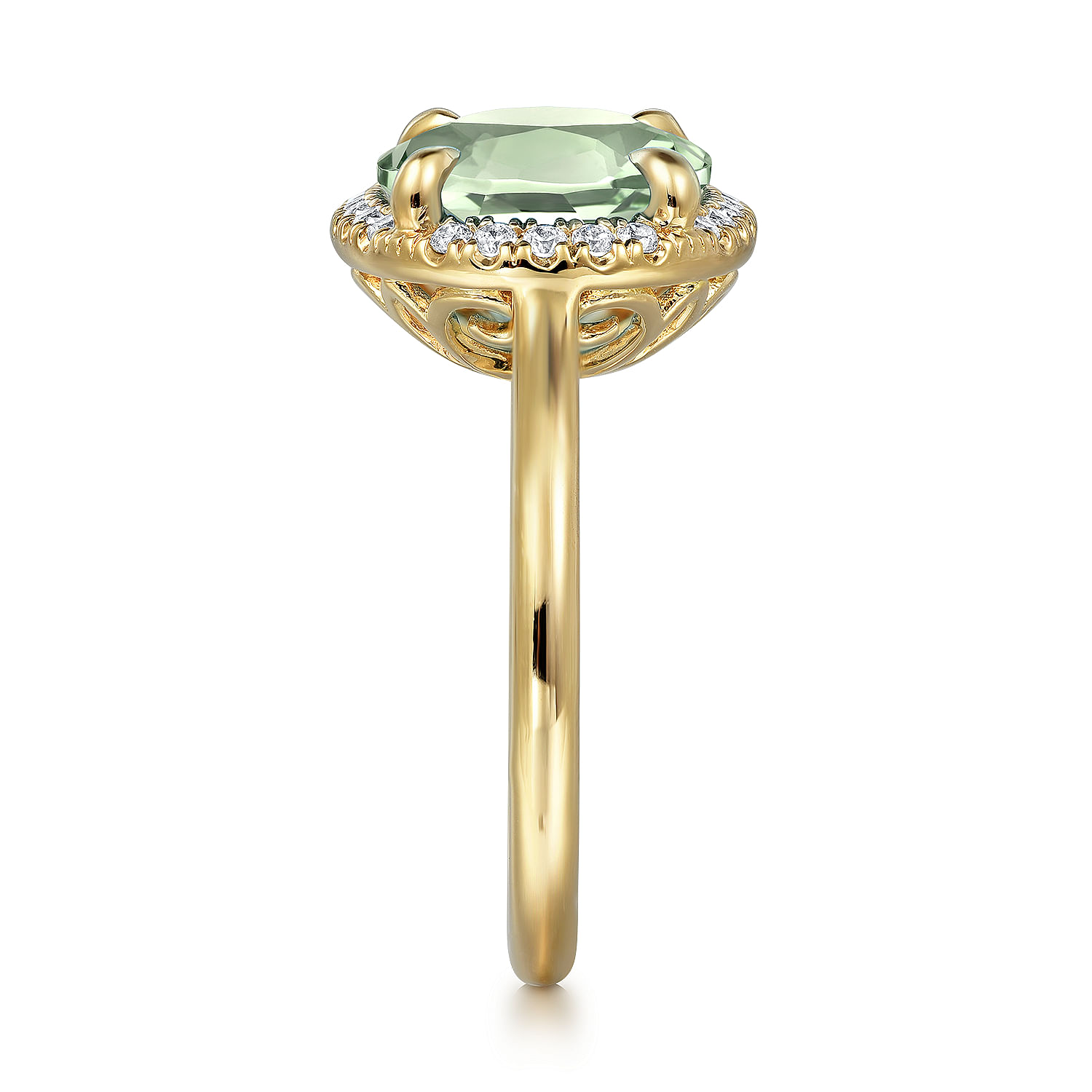 14K Yellow Gold Diamond and Oval Shape Green Amethyst Ladies Ring With Flower Pattern Gallery