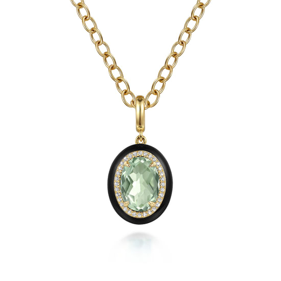 Gabriel - 14K Yellow Gold Diamond and Oval Shape Green Amethyst Necklace With Flower Pattern J-Back and Black Enamel