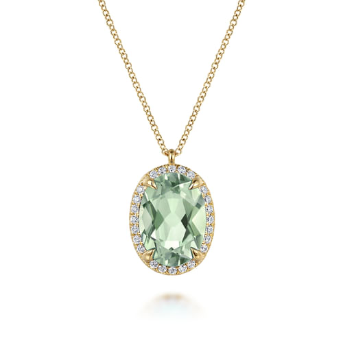 14K Yellow Gold Diamond and Oval Shape Green Amethyst Necklace With Flower Pattern J-Back
