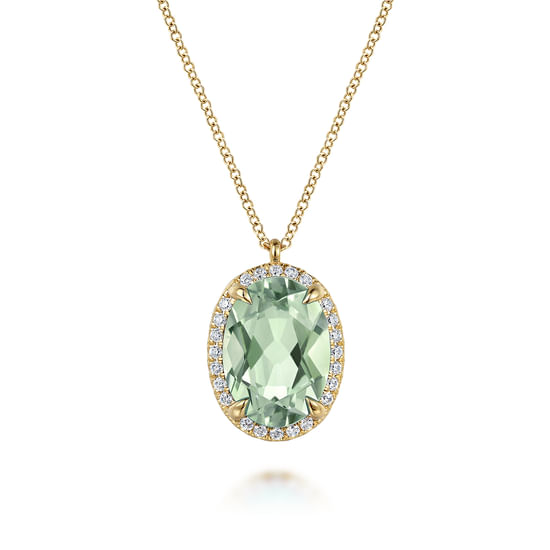 Gabriel - 14K Yellow Gold Diamond and Oval Shape Green Amethyst Necklace With Flower Pattern J-Back