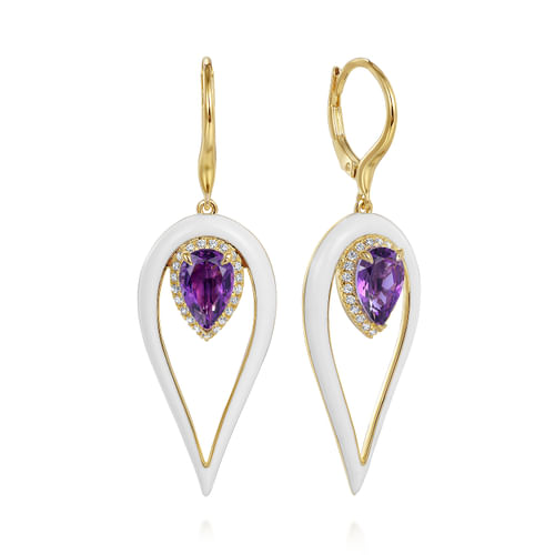 14K Yellow Gold Diamond and Pear Amethyst Drop Earrings with White Enamel