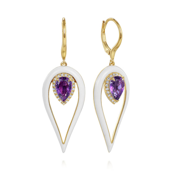 Gabriel - 14K Yellow Gold Diamond and Pear Amethyst Drop Earrings with White Enamel