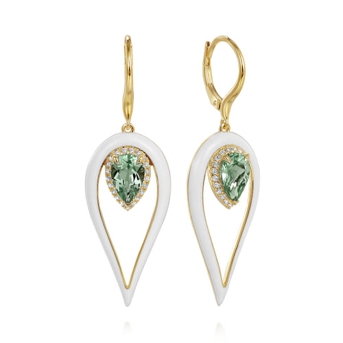 14K Yellow Gold Diamond and Pear Green Amethyst Drop Earrings with White Enamel