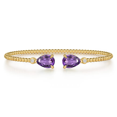14K Yellow Gold Diamond and Pear Shape Amethyst Bujukan Bangle 14K Yellow Gold Diamond and Pear Shape Amethyst Bujukan Bangle