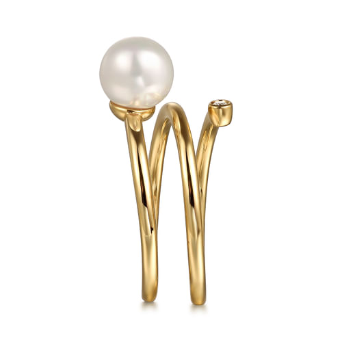 14K Yellow Gold Diamond and Pearl Bypass Ring
