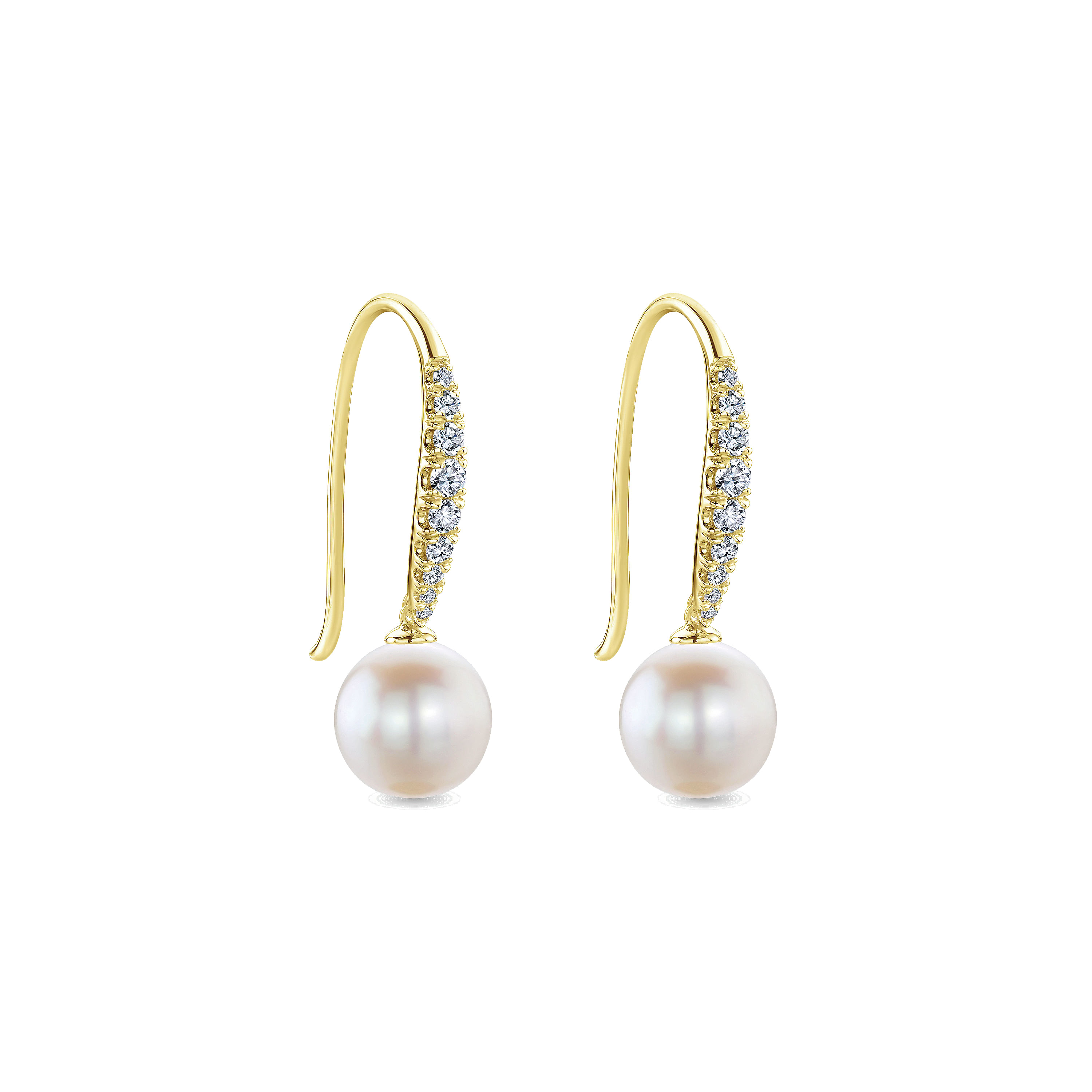 14K Yellow Gold Diamond and Pearl Fish Wire Drop Earrings
