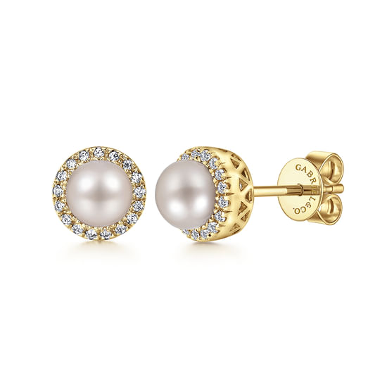 Gabriel - 14K Yellow Gold Diamond and Pearl Halo Stud Earrings