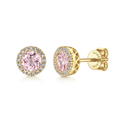 14K Yellow Gold Diamond and Pink Created Cubic Zirconia Halo Stud Earrings