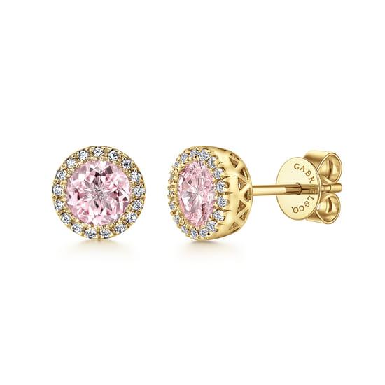 Gabriel - 14K Yellow Gold Diamond and Pink Created Cubic Zirconia Halo Stud Earrings