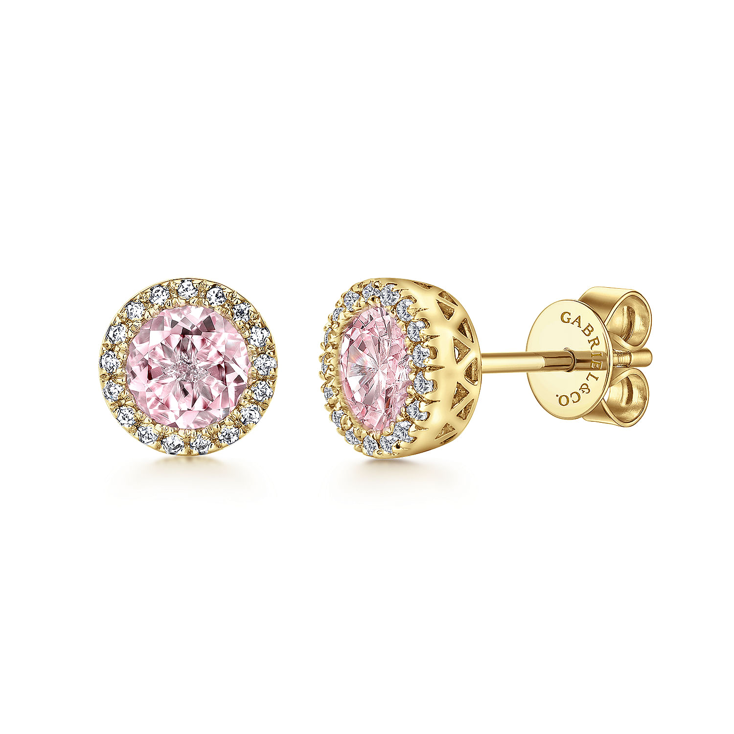 14K Yellow Gold Diamond and Pink Created Zircon Halo Stud Earrings