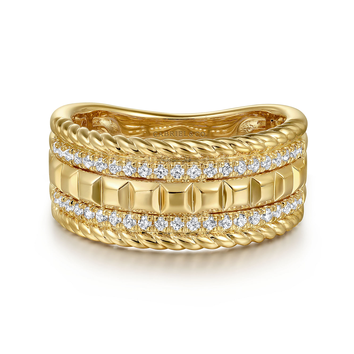 14K Yellow Gold Diamond and Rope Wide Band Ladies Ring