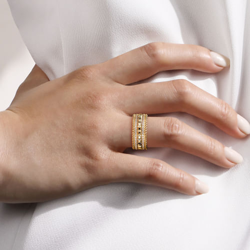 14K Yellow Gold Diamond and Rope Wide Band Ladies Ring