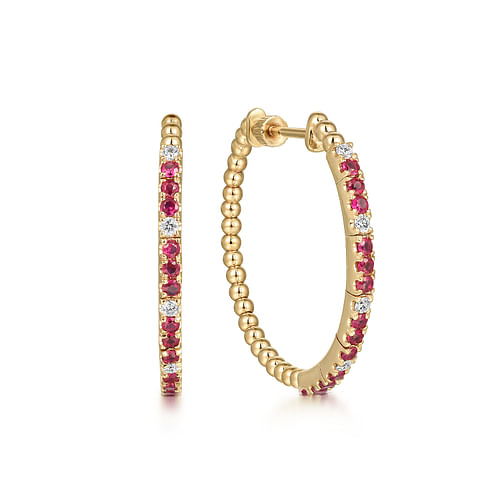 14K Yellow Gold Diamond and Ruby Bujukan 30mm Classic Hoop Earrings