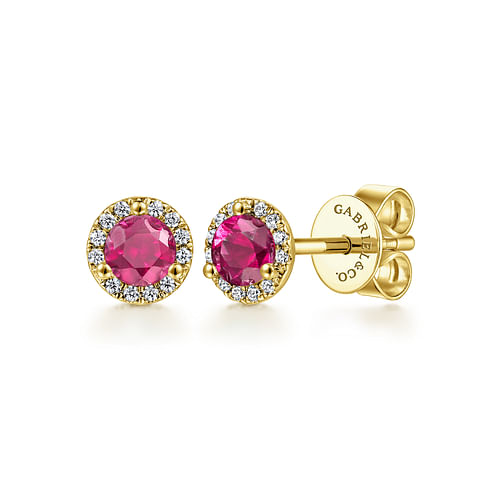 14K Yellow Gold Diamond and Ruby Stud Earrings