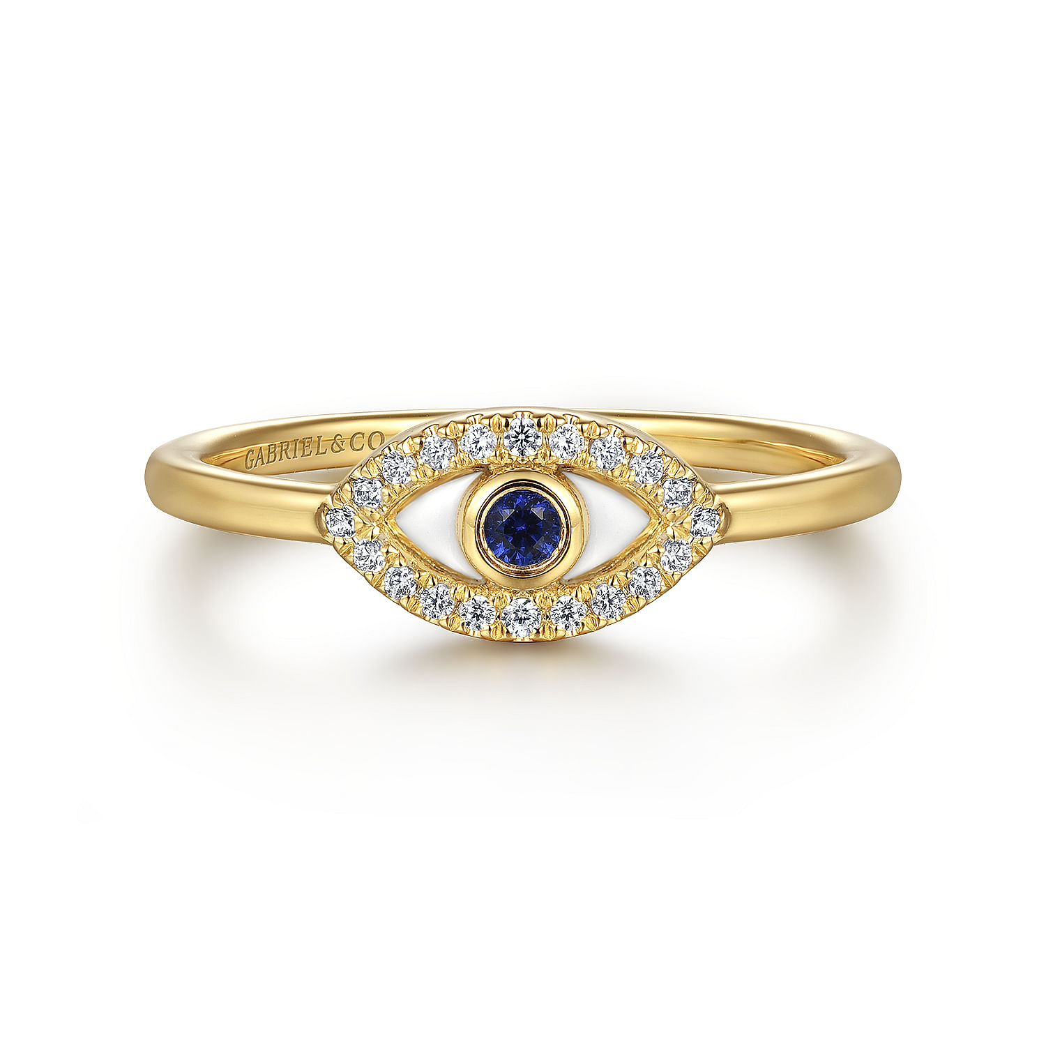 Gabriel - 14K Yellow Gold Diamond and Sapphire Evil-Eye Ladies Ring with White Enamel
