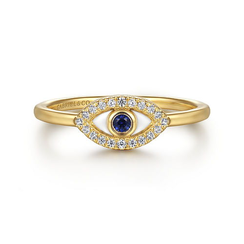 14K Yellow Gold Diamond and Sapphire Evil-Eye Ladies Ring with White Enamel