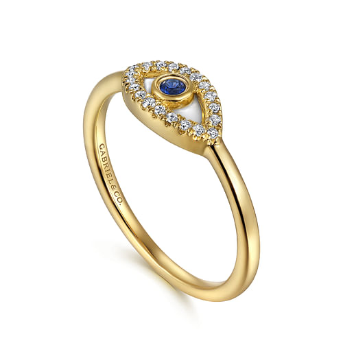 14K Yellow Gold Diamond and Sapphire Evil-Eye Ladies Ring with White Enamel