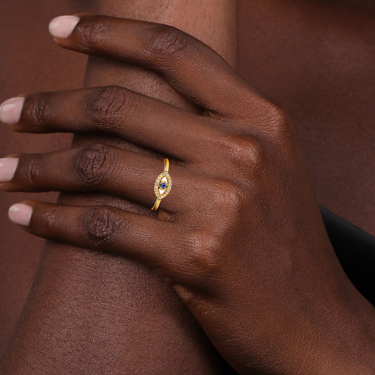 14K Yellow Gold Diamond and Sapphire Evil-Eye Ladies Ring with White Enamel