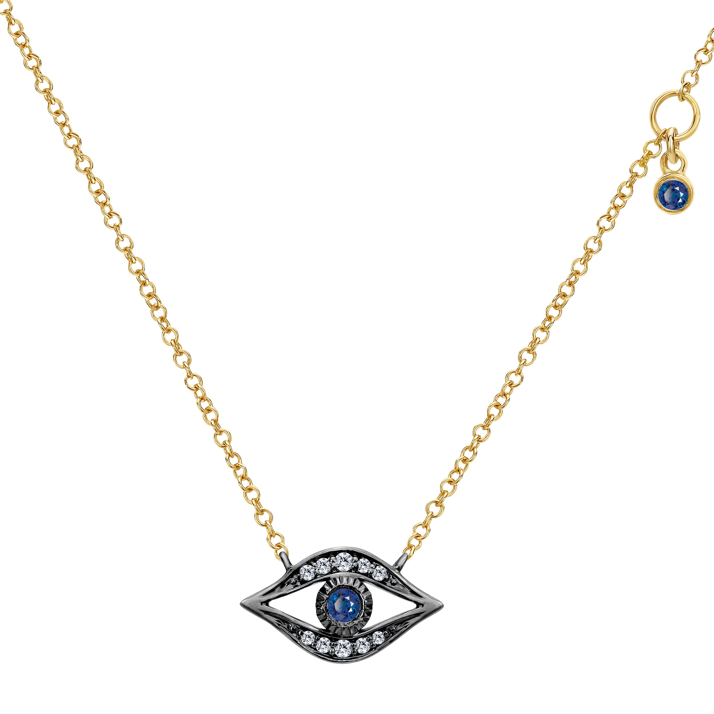 14K Yellow Gold Diamond and Sapphire Evil Eye Pendant Necklace