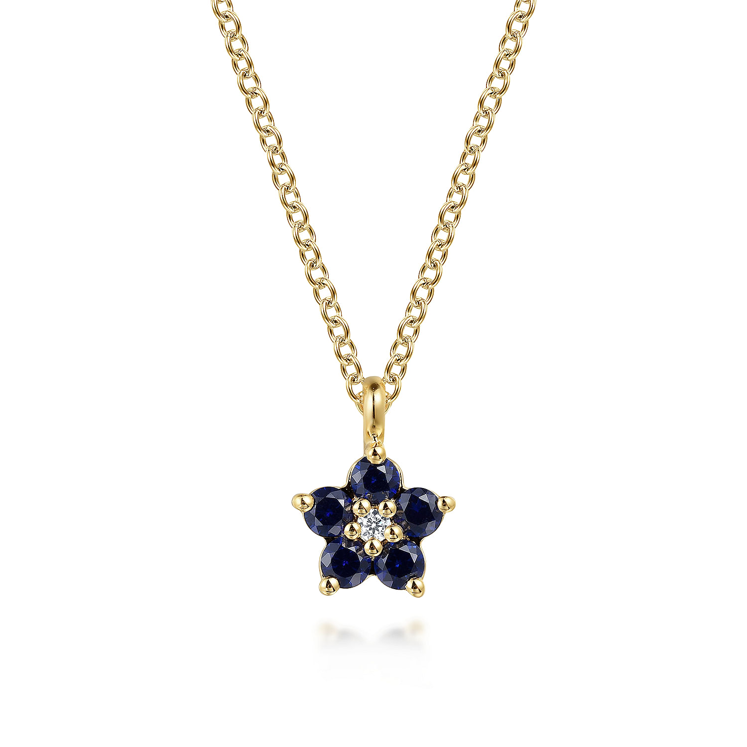 14K Yellow Gold Diamond and Sapphire Flower Pendant Necklace 