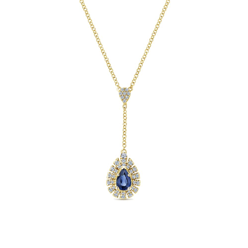 14K Yellow Gold Diamond and Sapphire Teardrop Necklace