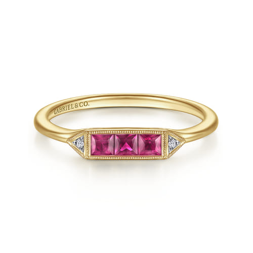 14K Yellow Gold Diamond and Trio Princess Cut Ruby Stackable Promise Ring 14K Yellow Gold Diamond and Trio Princess Cut Ruby Stackable Promise Ring