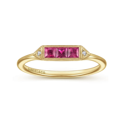 14K Yellow Gold Diamond and Trio Princess Cut Ruby Stackable Promise Ring 14K Yellow Gold Diamond and Trio Princess Cut Ruby Stackable Promise Ring