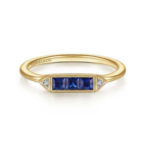 14K Yellow Gold Diamond and Trio Princess Cut Sapphire Ladies Ring